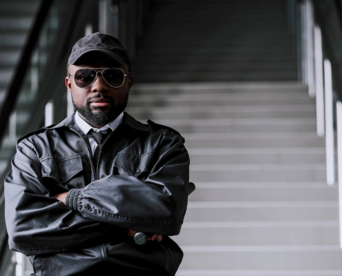 African-American security guard in building
